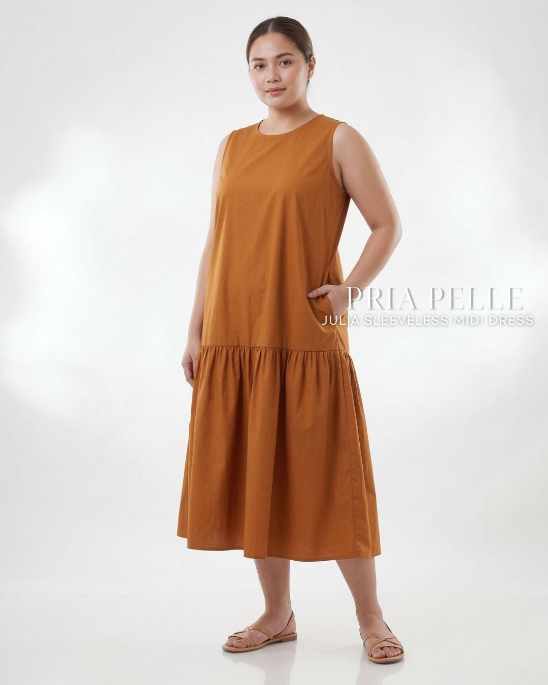 Pria Pelle Julia Sleeveless Midi Dress - Cotton Blend Caramel Rust | Non Stretch