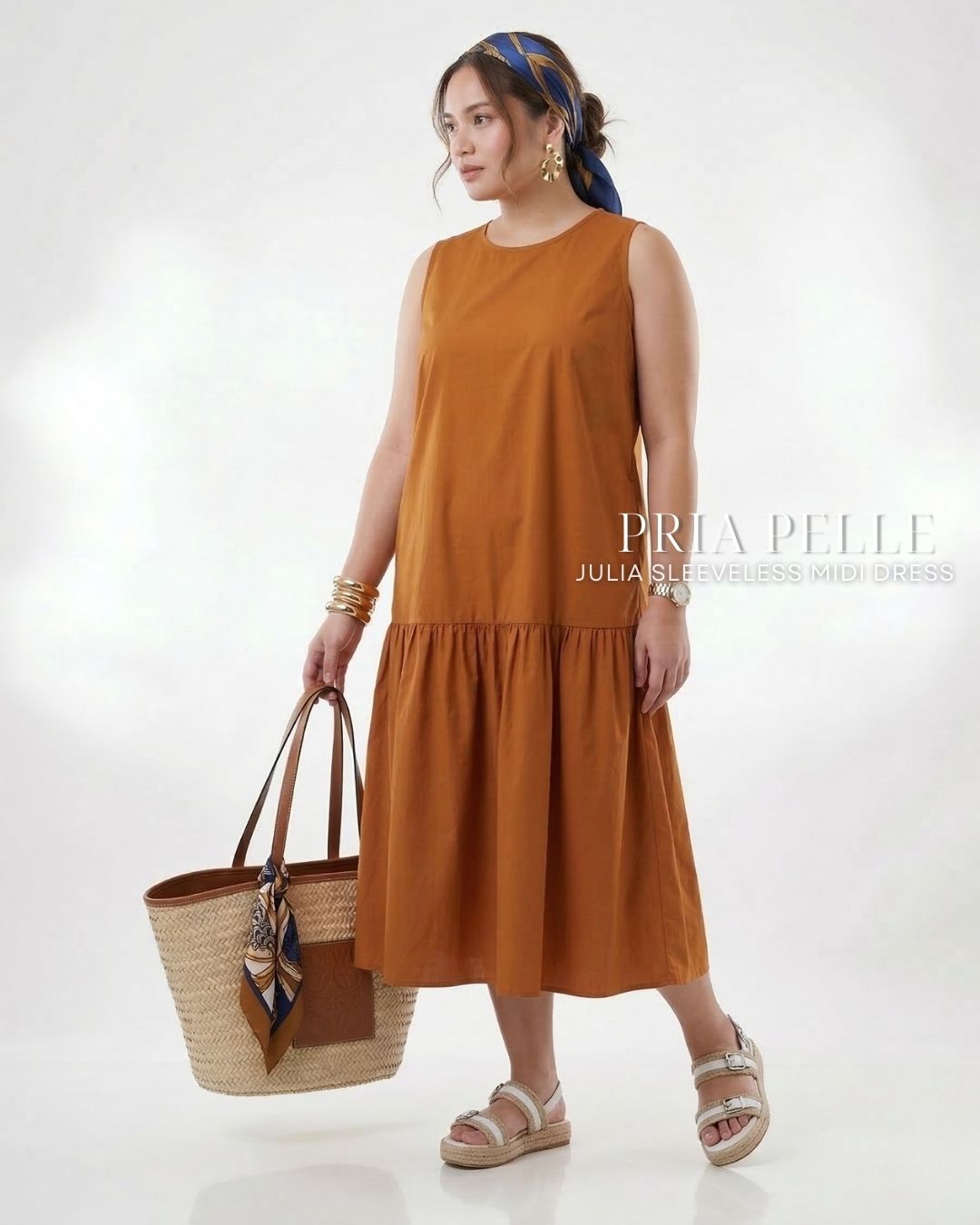 Pria Pelle Julia Sleeveless Midi Dress - Cotton Blend Caramel Rust | Non Stretch