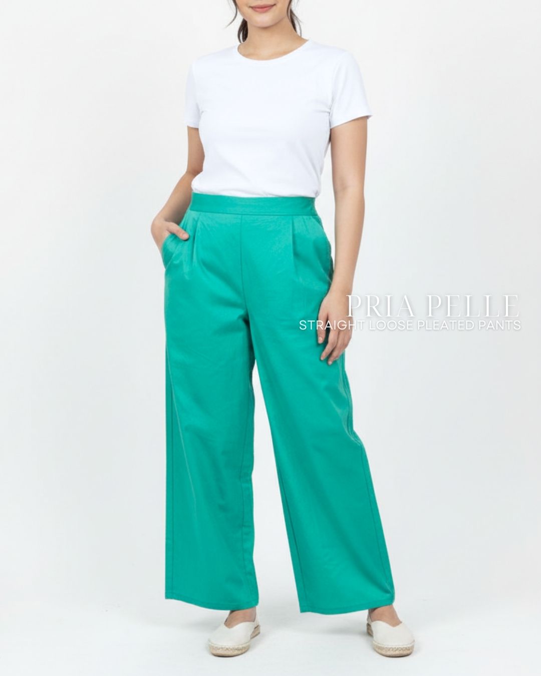 Pria Pelle Straight Loose Pleated Pants | Back Garter - Cotton Blend Jade Green - Non Stretch