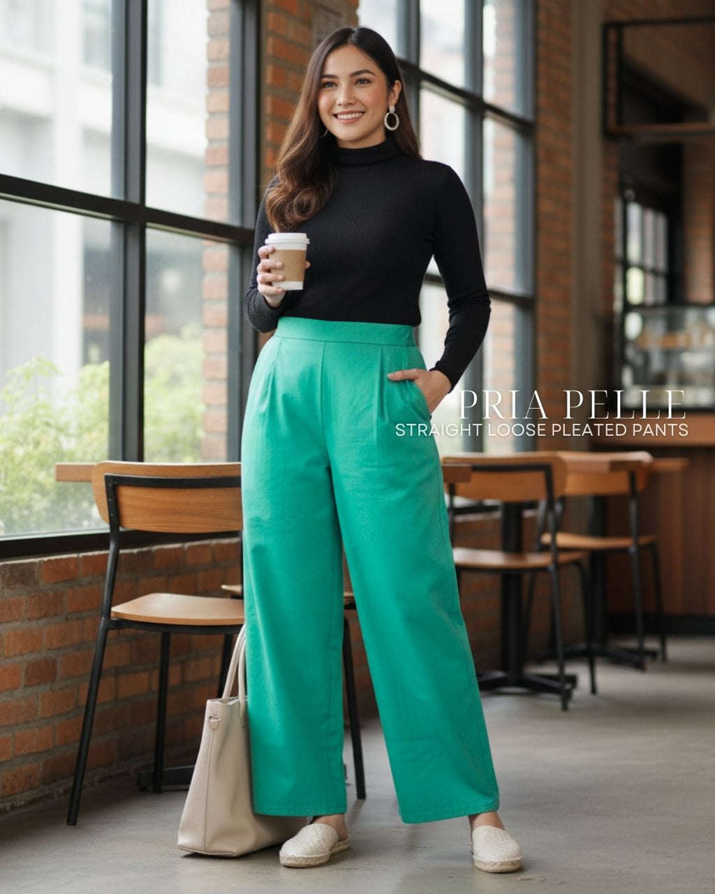 Pria Pelle Straight Loose Pleated Pants | Back Garter - Cotton Blend Jade Green - Non Stretch