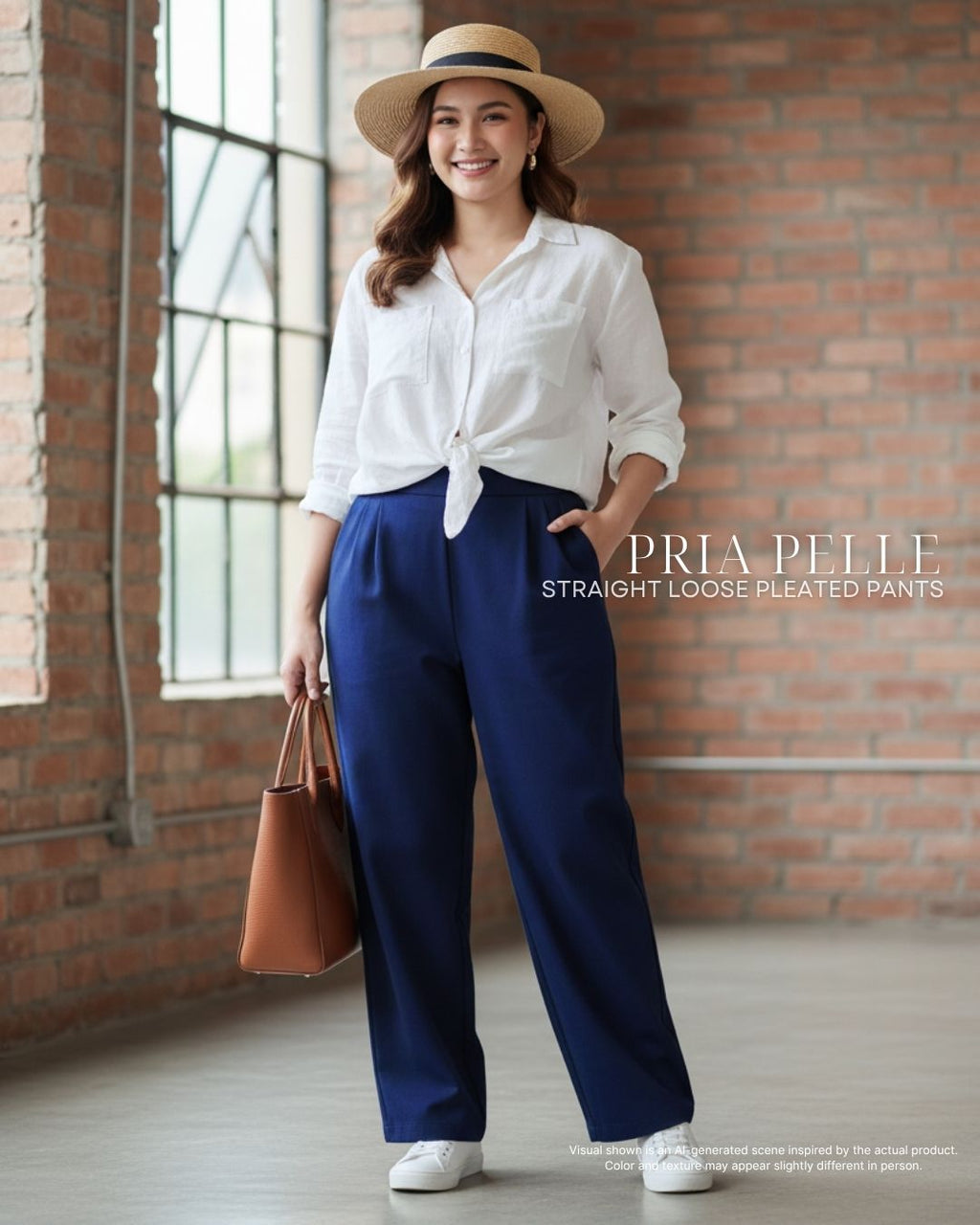 Pria Pelle Straight Loose Pleated Pants | Back Garter - Cotton Twill Navy Blue - Non Stretch