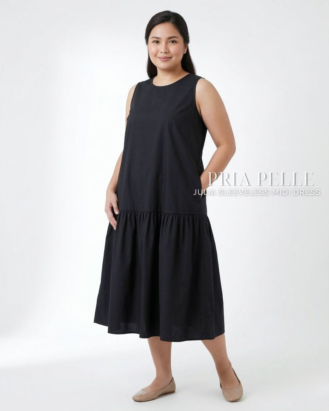 Pria Pelle Julia Sleeveless Midi Dress - Cotton Blend Black | Non Stretch