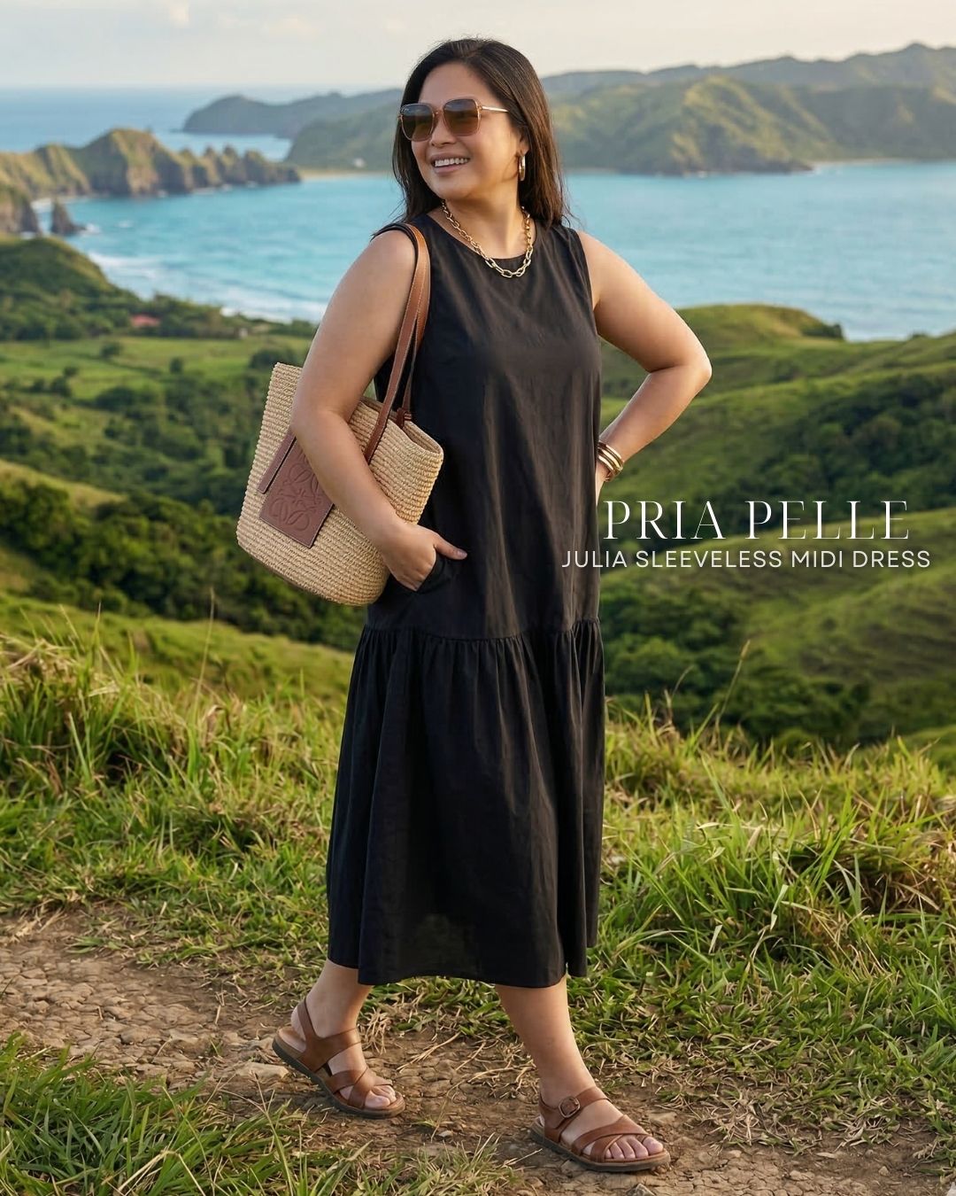 Pria Pelle Julia Sleeveless Midi Dress - Cotton Blend Black | Non Stretch