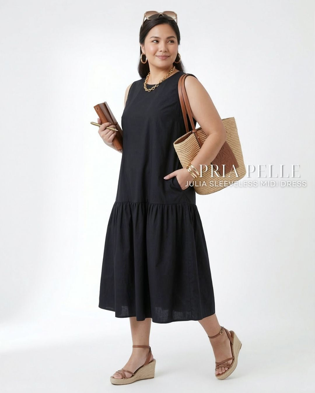 Pria Pelle Julia Sleeveless Midi Dress - Cotton Blend Black | Non Stretch