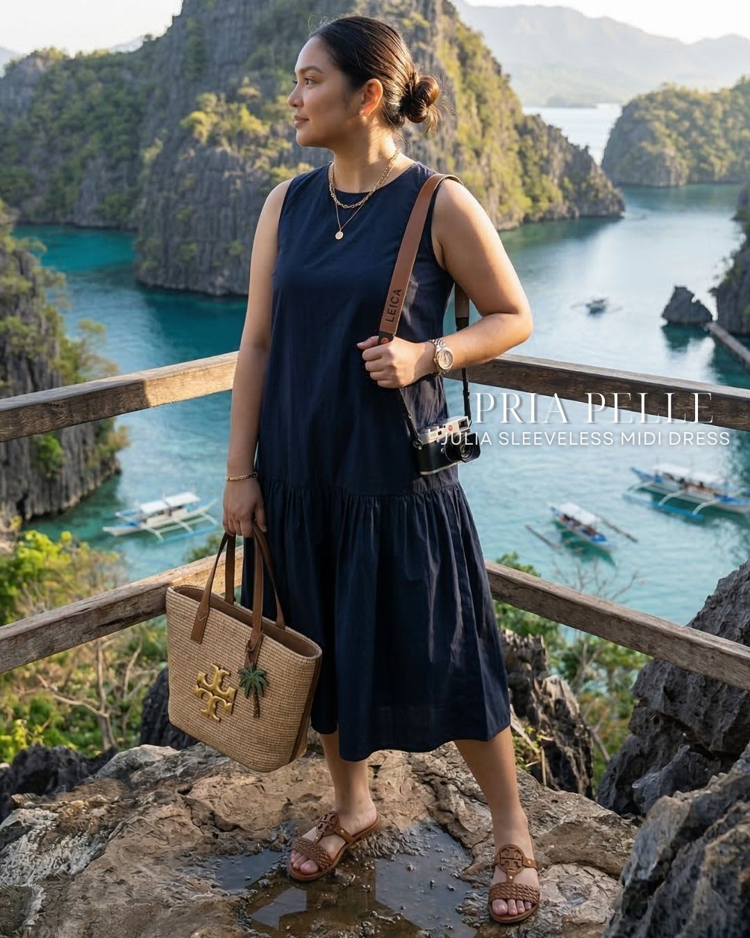 Pria Pelle Julia Sleeveless Midi Dress - Cotton Blend Blue Black | Non Stretch