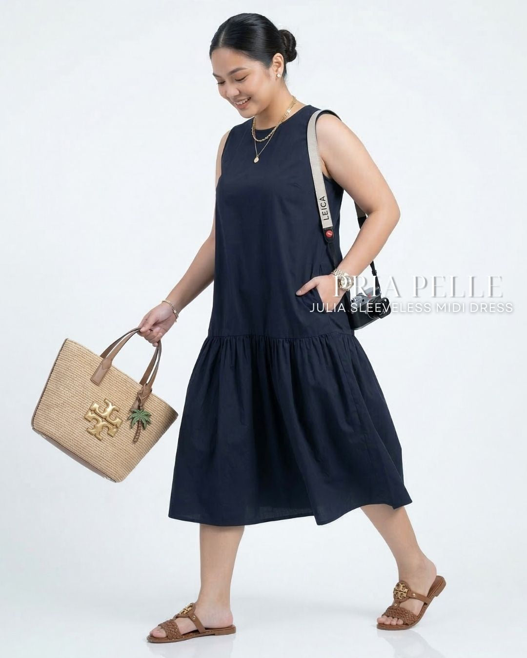 Pria Pelle Julia Sleeveless Midi Dress - Cotton Blend Blue Black | Non Stretch