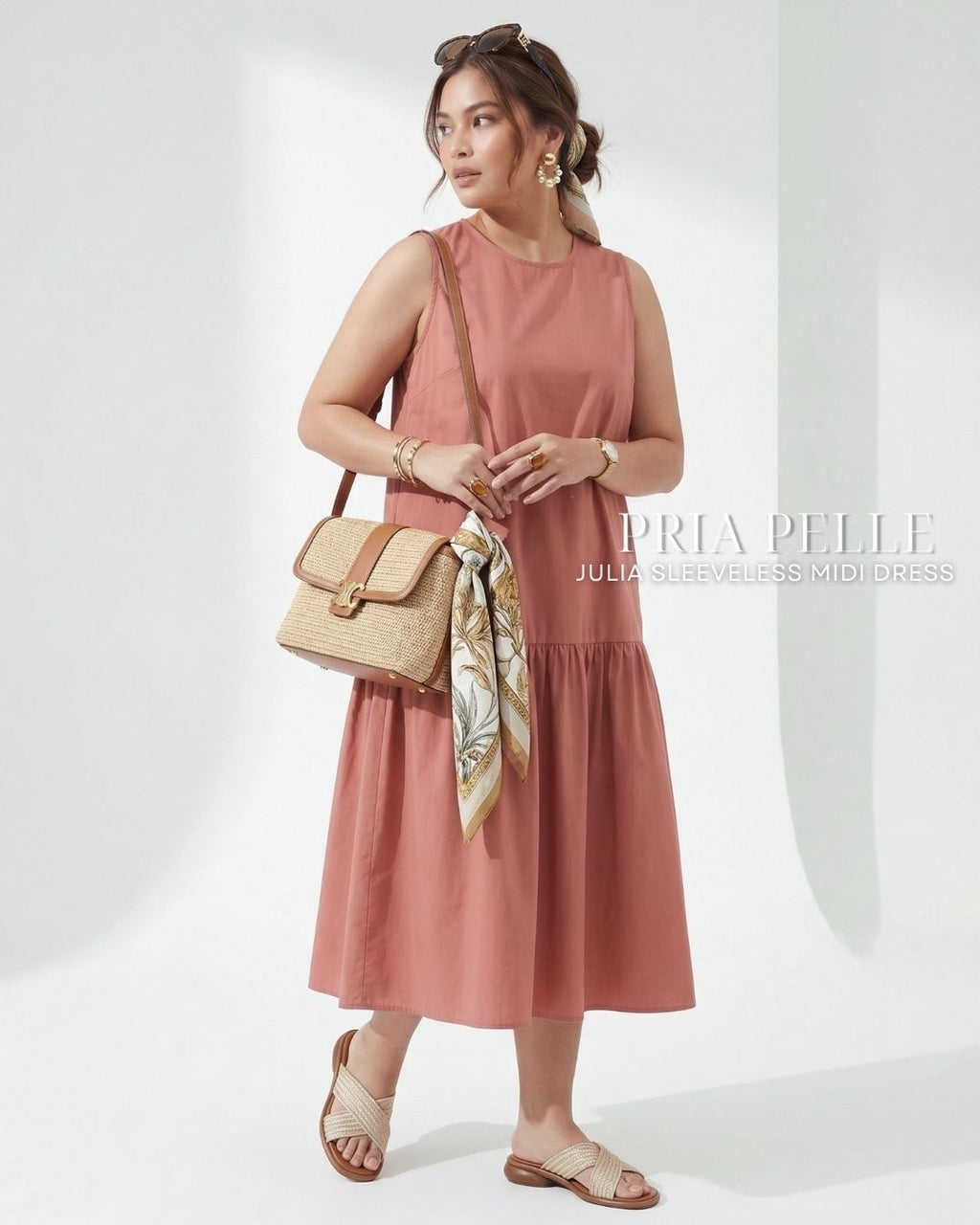 Pria Pelle Julia Sleeveless Midi Dress - Cotton Blend Blush | Non Stretch