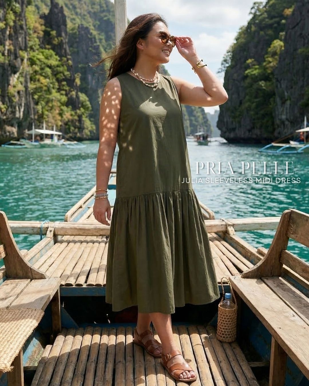 Pria Pelle Julia Sleeveless Midi Dress - Cotton Blend Dark Olive | Non Stretch
