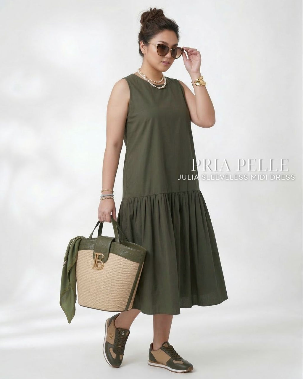 Pria Pelle Julia Sleeveless Midi Dress - Cotton Blend Dark Olive | Non Stretch