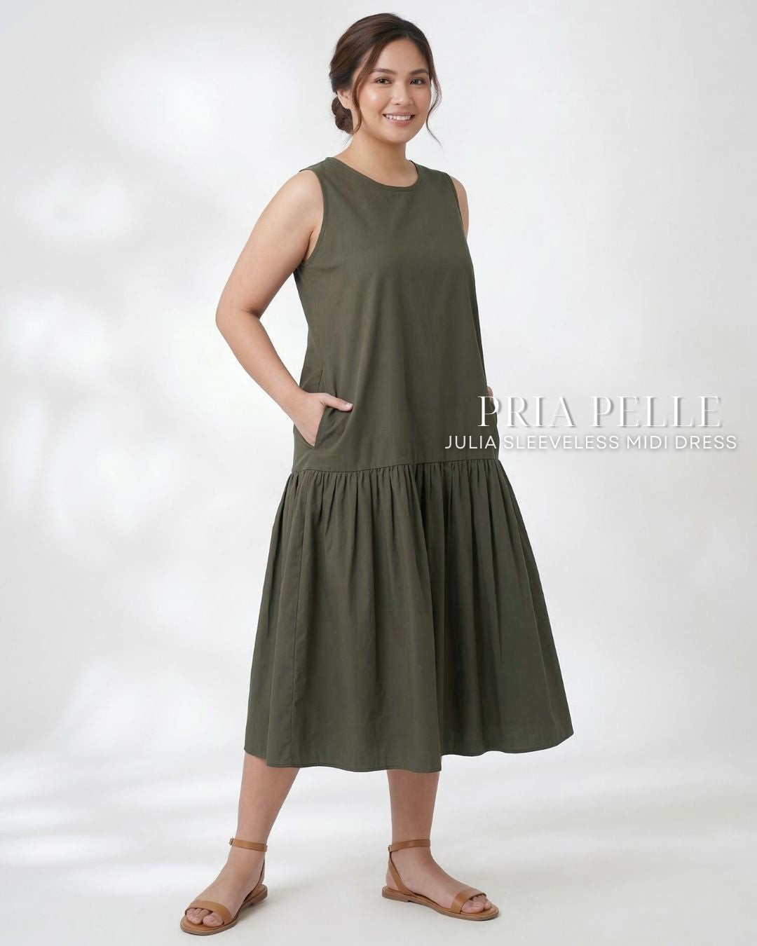Pria Pelle Julia Sleeveless Midi Dress - Cotton Blend Dark Olive | Non Stretch