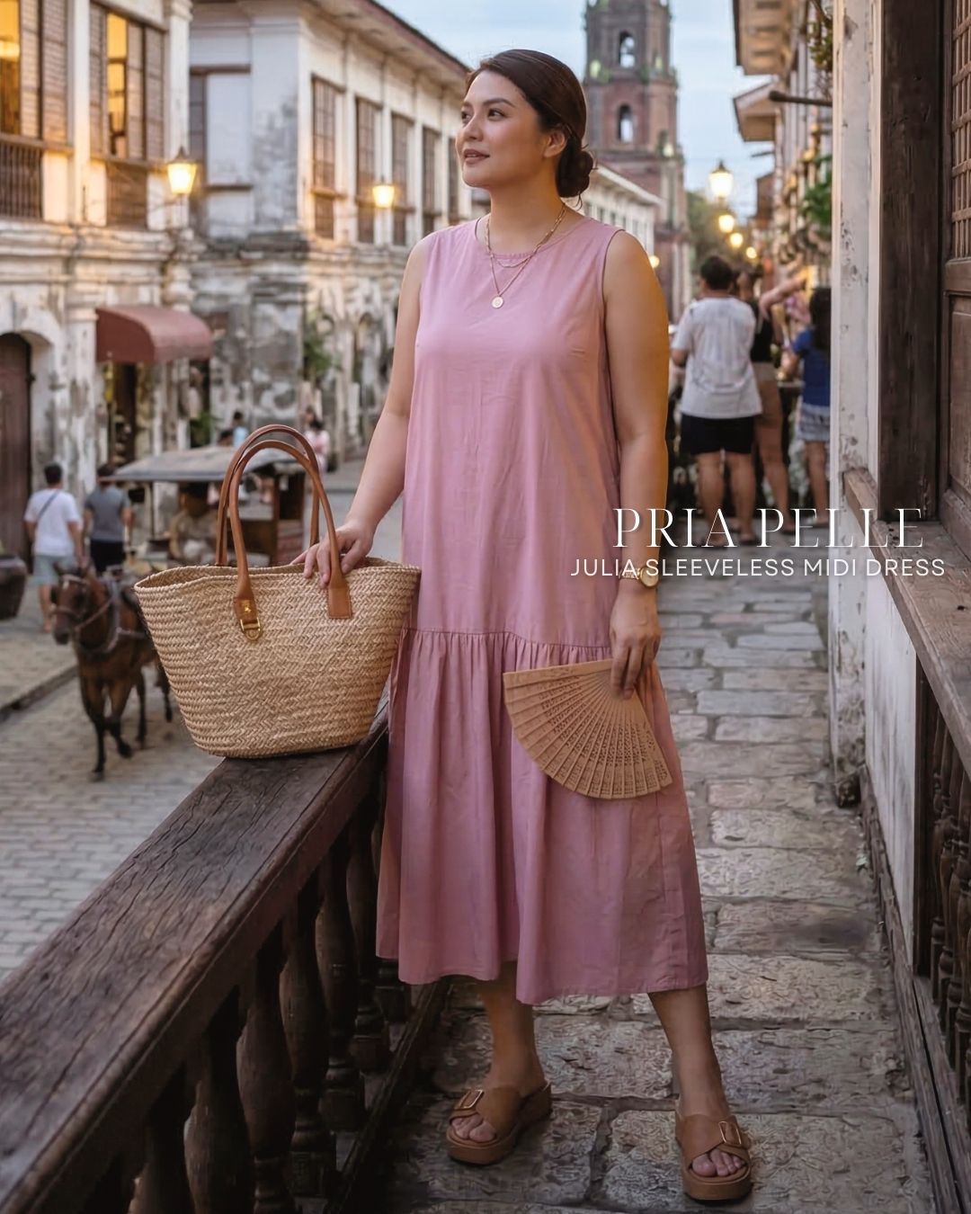 Pria Pelle Julia Sleeveless Midi Dress - Cotton Blend Light Mauve | Non Stretch