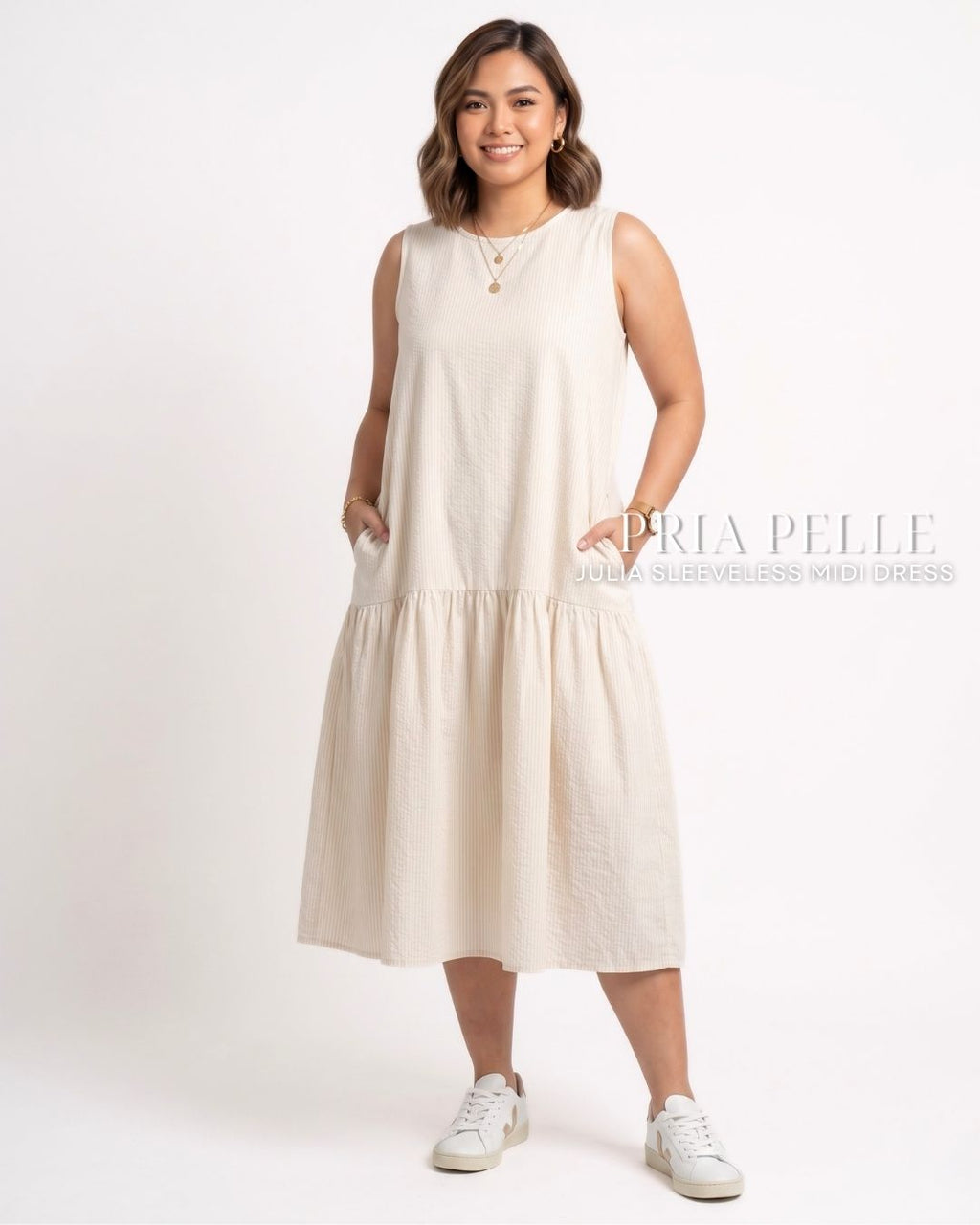 Pria Pelle Julia Sleeveless Midi Dress - Cotton Blend Dirty White - Non Stretch