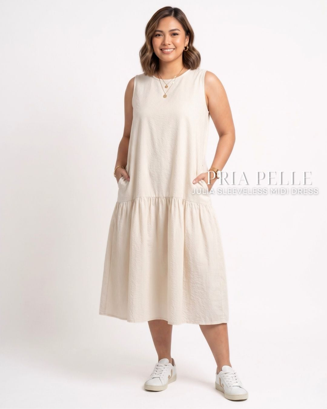 Pria Pelle Julia Sleeveless Midi Dress - Cotton Blend Dirty White - Non Stretch