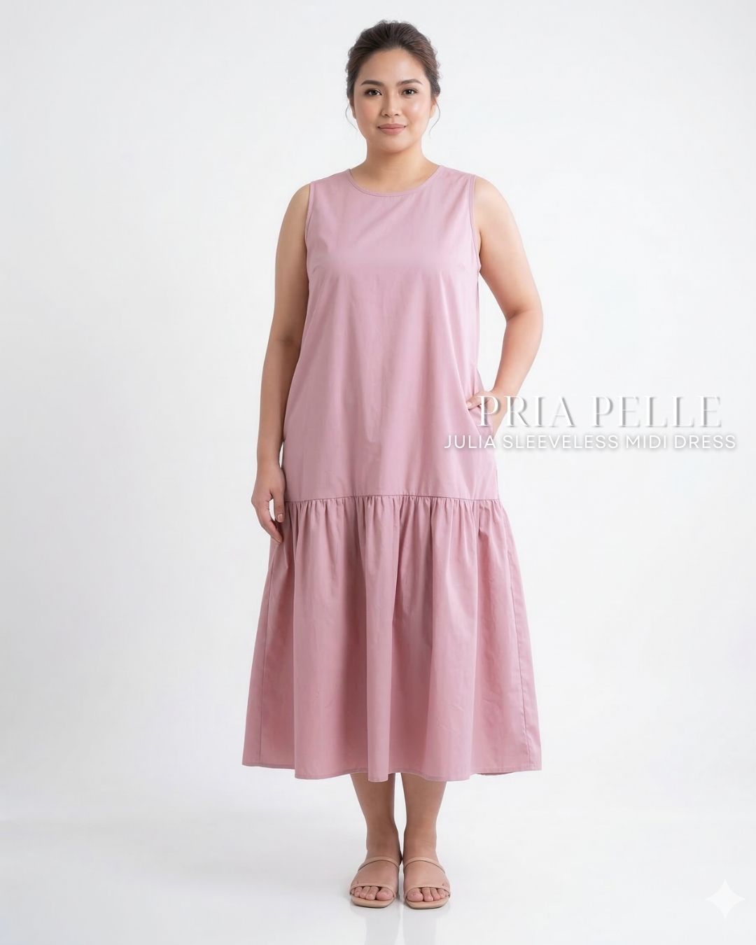 Pria Pelle Julia Sleeveless Midi Dress - Cotton Blend Light Mauve | Non Stretch