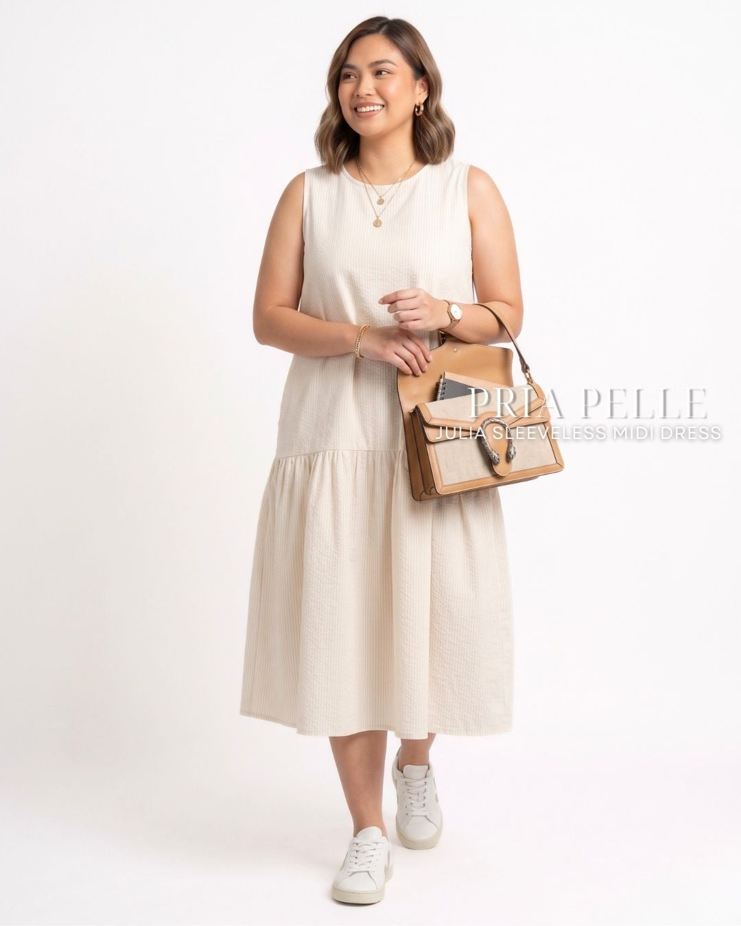 Pria Pelle Julia Sleeveless Midi Dress - Cotton Blend Dirty White - Non Stretch