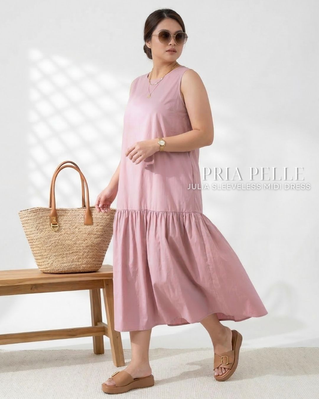 Pria Pelle Julia Sleeveless Midi Dress - Cotton Blend Light Mauve | Non Stretch