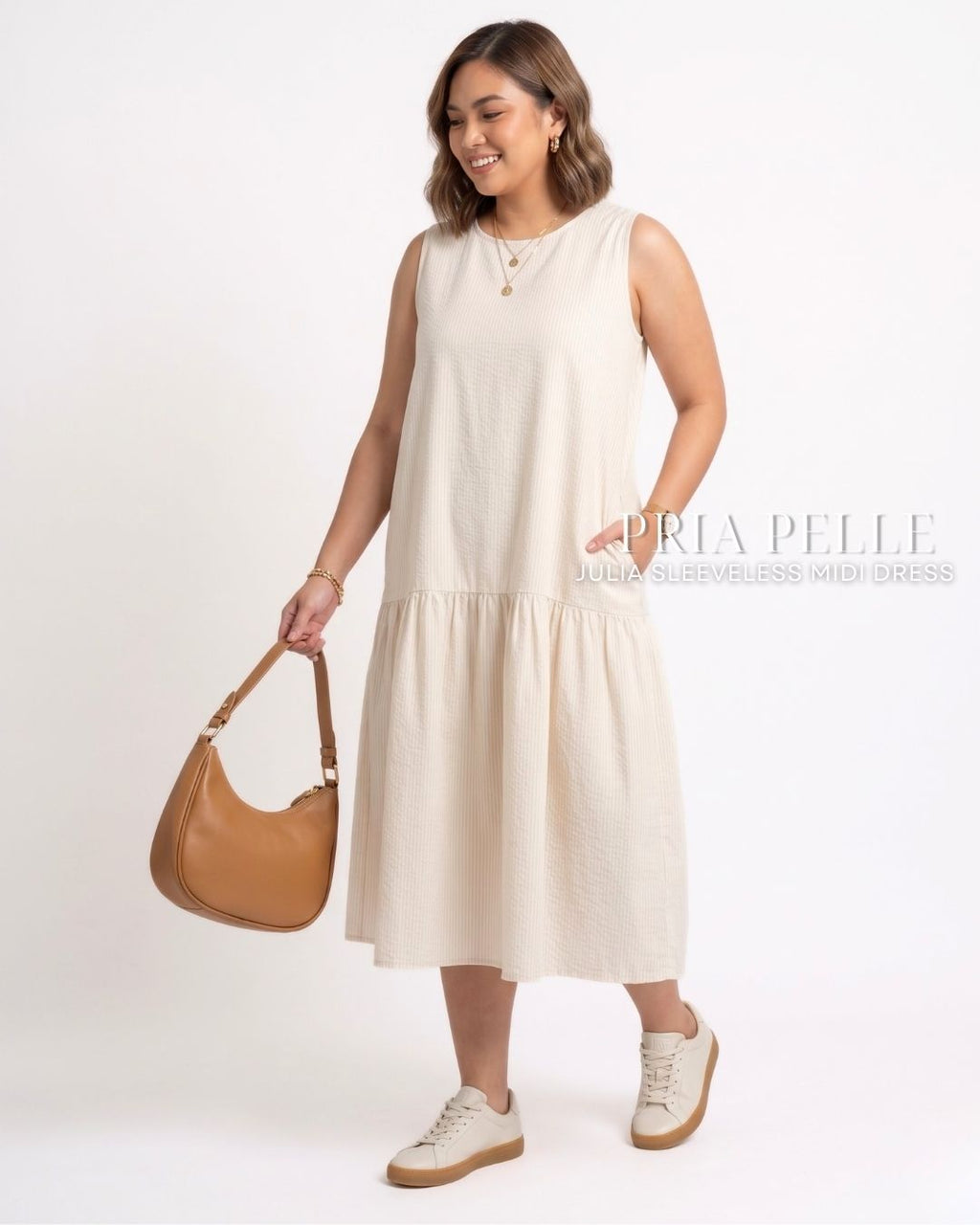 Pria Pelle Julia Sleeveless Midi Dress - Cotton Blend Dirty White - Non Stretch