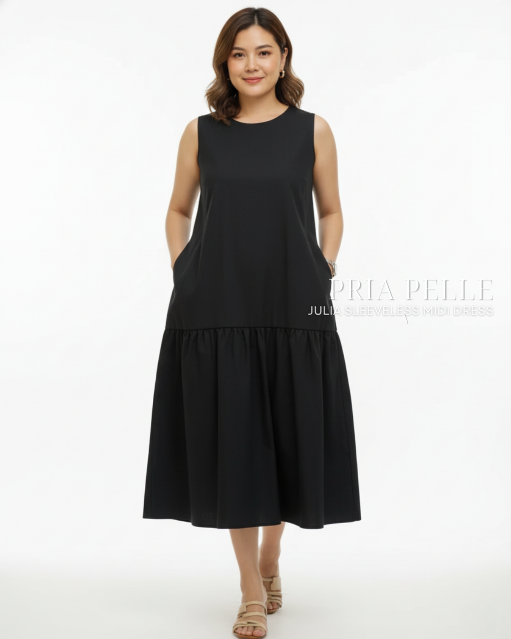 Pria Pelle Julia Sleeveless Midi Dress - Twill Blend Black