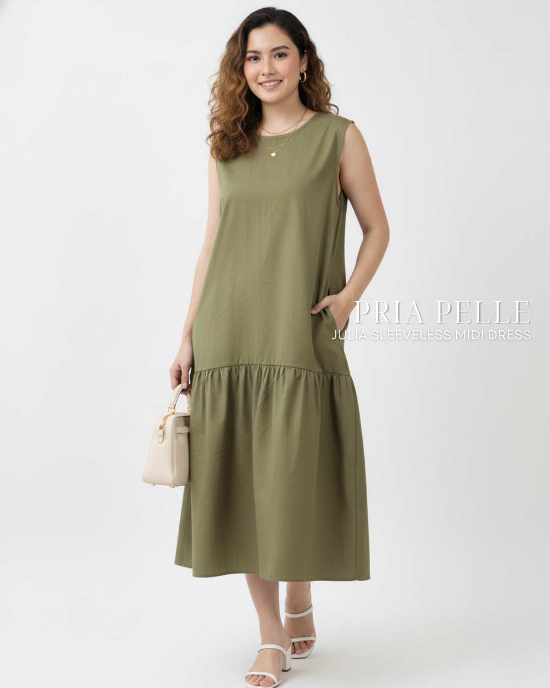 Pria Pelle Julia Sleeveless Midi Dress - Cotton Blend Juniper Green