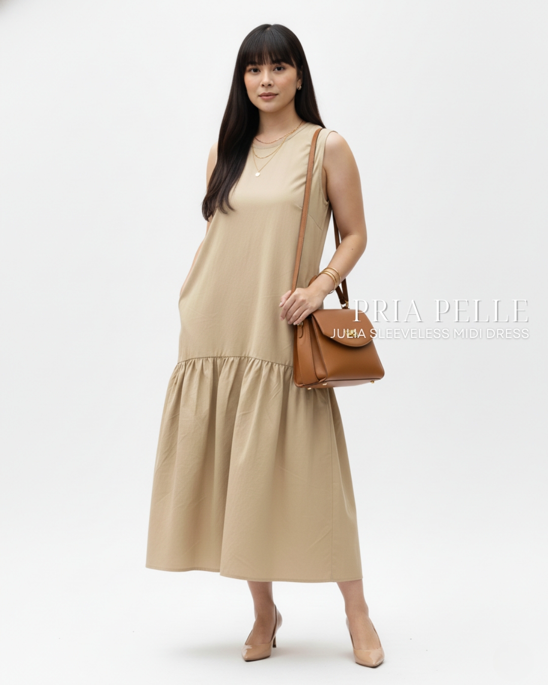 Pria Pelle Julia Sleeveless Midi Dress - Cotton Blend Light Khaki