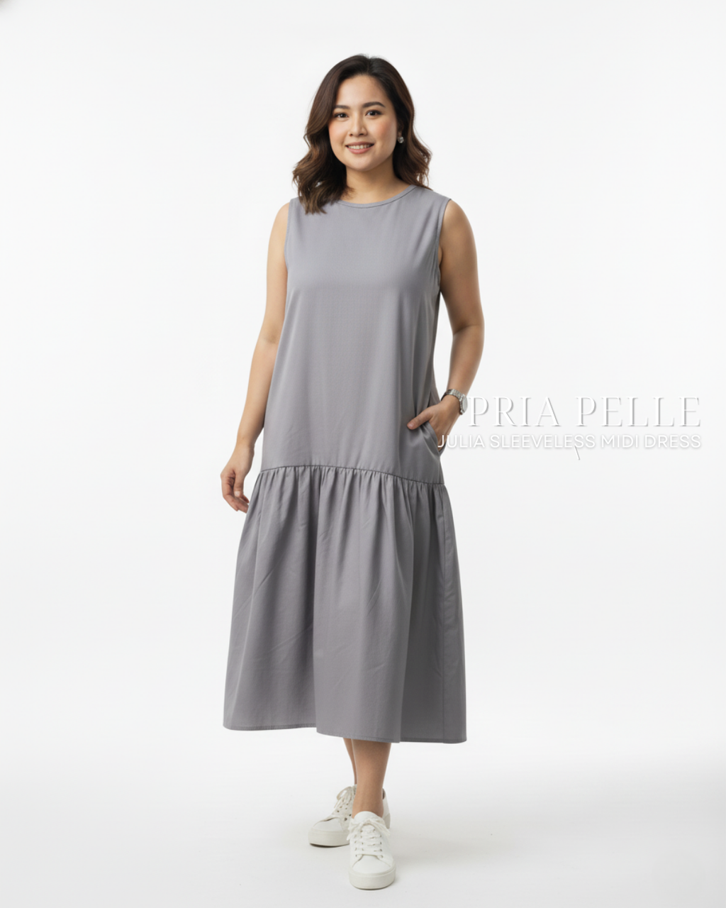 Pria Pelle Julia Sleeveless Midi Dress - Cotton Blend Soft Steel Gray