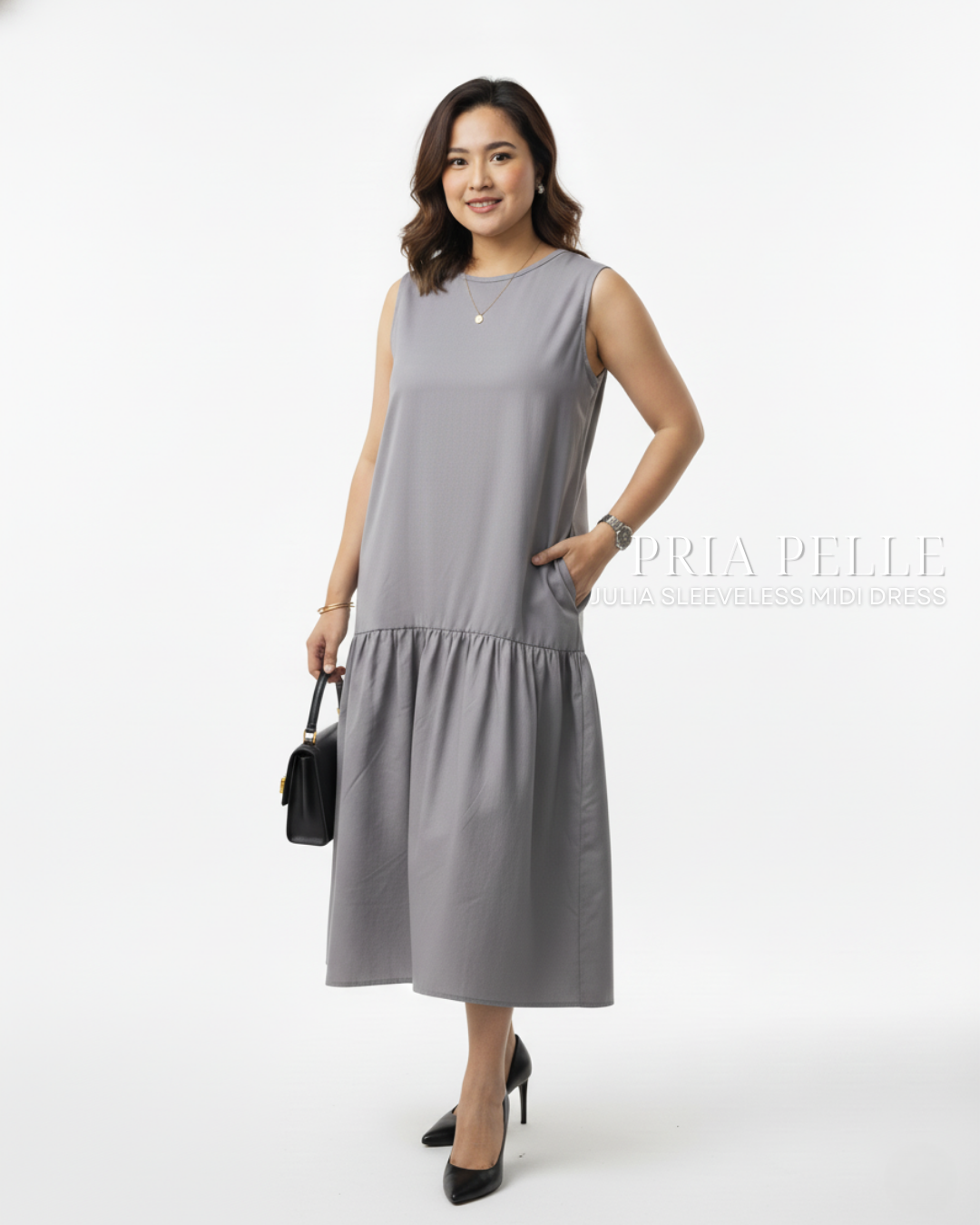 Pria Pelle Julia Sleeveless Midi Dress - Cotton Blend Soft Steel Gray