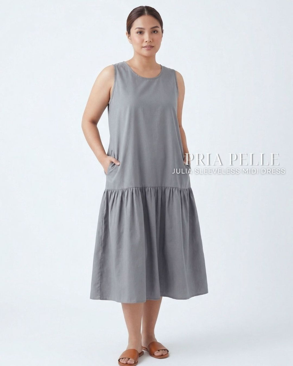 Pria Pelle Julia Sleeveless Midi Dress - Cotton Blend Steel Gray | Non Stretch