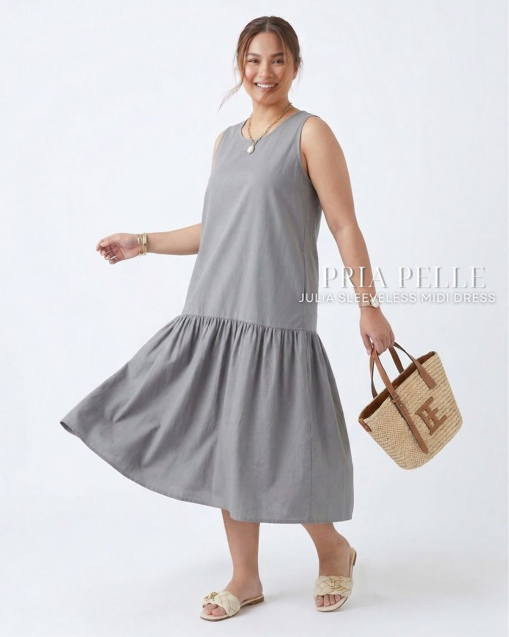 Pria Pelle Julia Sleeveless Midi Dress - Cotton Blend Steel Gray | Non Stretch