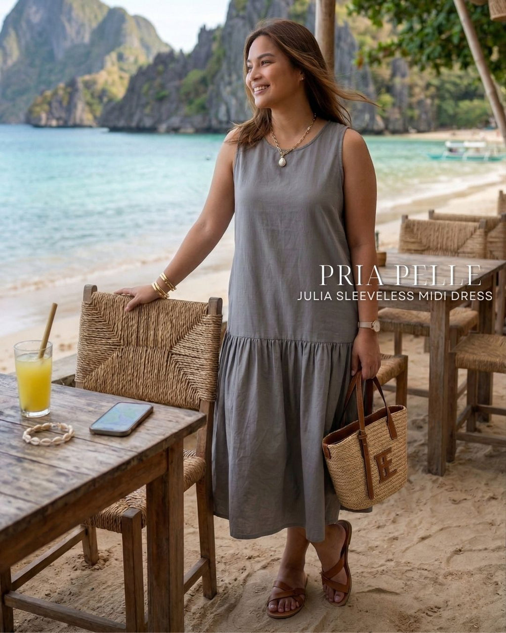 Pria Pelle Julia Sleeveless Midi Dress - Cotton Blend Steel Gray | Non Stretch