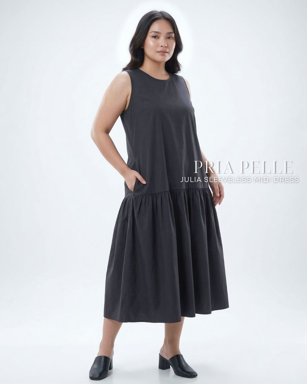 Pria Pelle Julia Sleeveless Midi Dress - Cotton Blend Stone Gray | Non Stretch