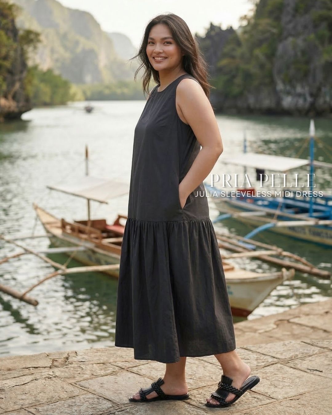 Pria Pelle Julia Sleeveless Midi Dress - Cotton Blend Stone Gray | Non Stretch