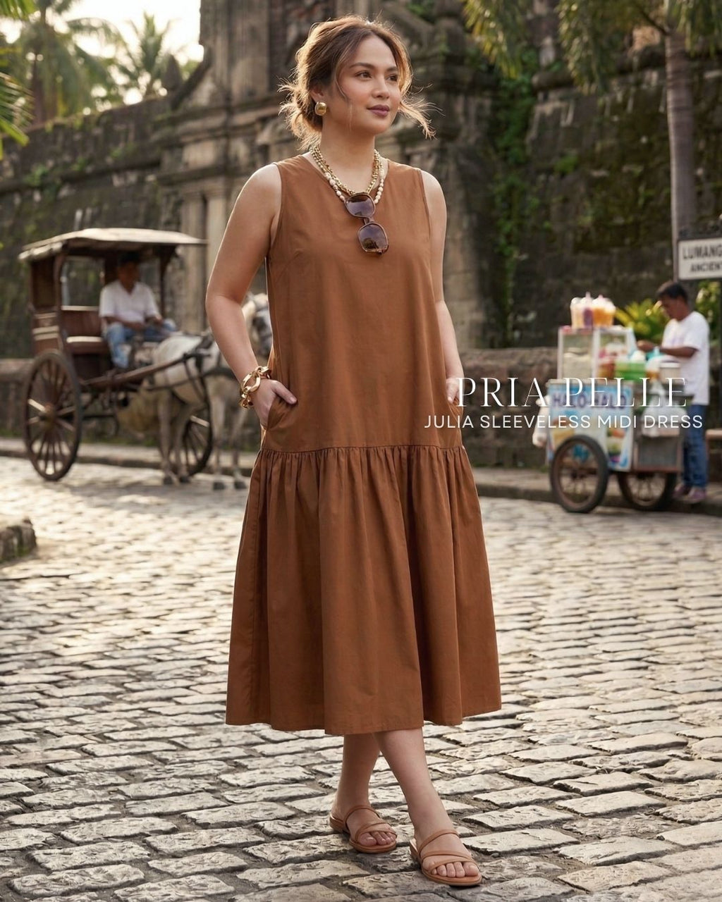 Pria Pelle Julia Sleeveless Midi Dress - Cotton Blend Warm Mocha | Non Stretch