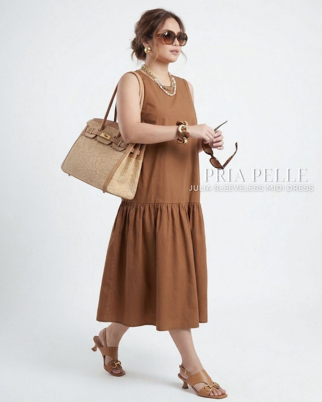 Pria Pelle Julia Sleeveless Midi Dress - Cotton Blend Warm Mocha | Non Stretch