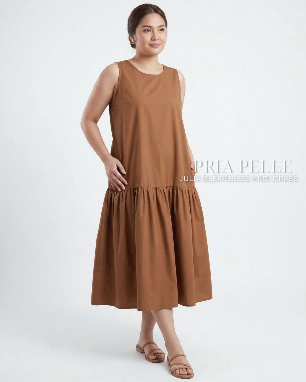 Pria Pelle Julia Sleeveless Midi Dress - Cotton Blend Warm Mocha | Non Stretch