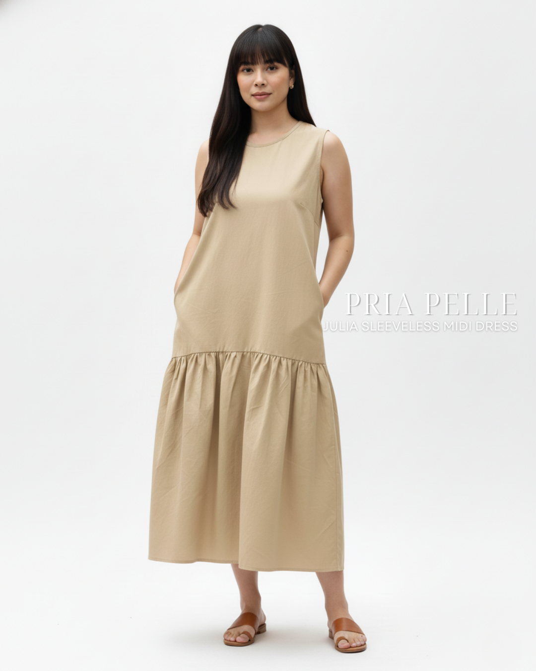 Pria Pelle Julia Sleeveless Midi Dress - Cotton Blend Light Khaki
