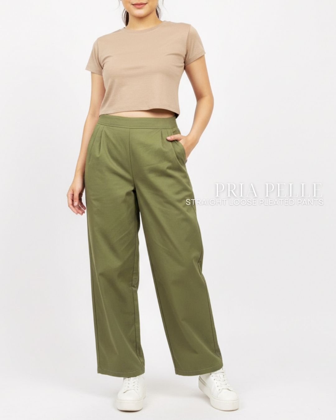 Pria Pelle Straight Loose Pleated Pants | Back Garter - Cotton Blend Juniper Green - Non Stretch