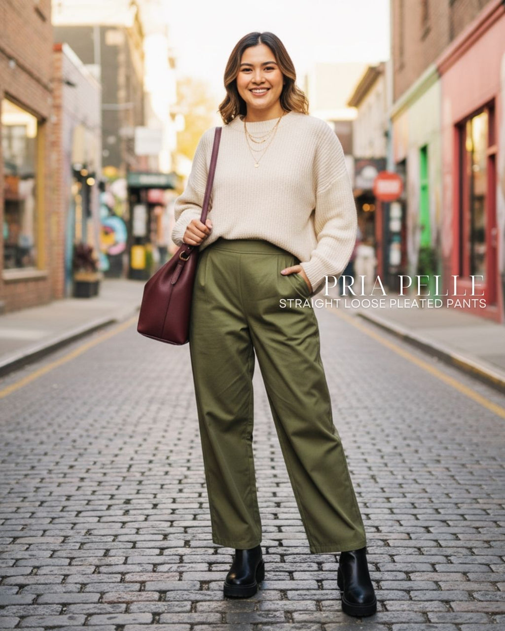 Pria Pelle Straight Loose Pleated Pants | Back Garter - Cotton Blend Juniper Green - Non Stretch