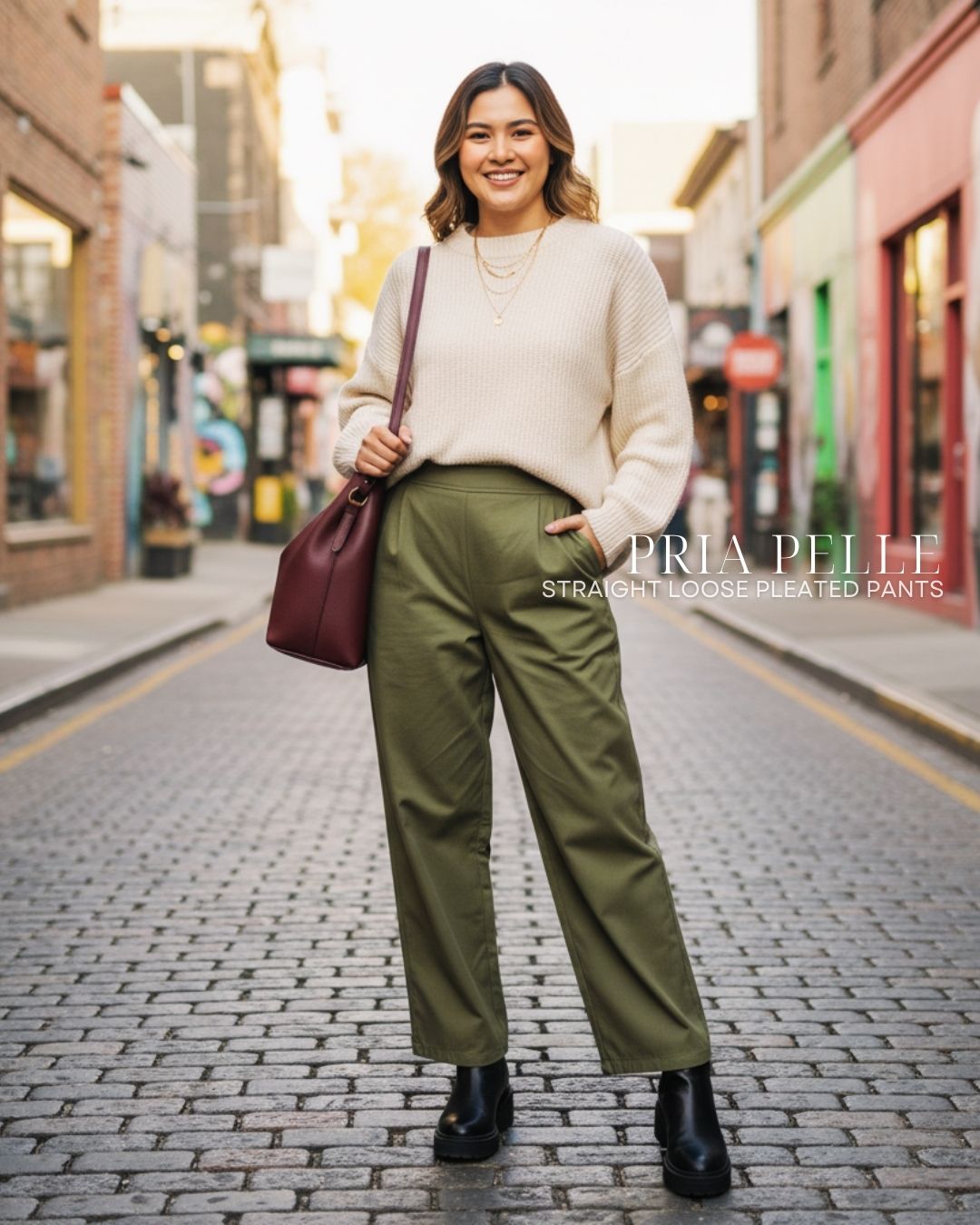 Pria Pelle Straight Loose Pleated Pants | Back Garter - Cotton Blend Juniper Green - Non Stretch