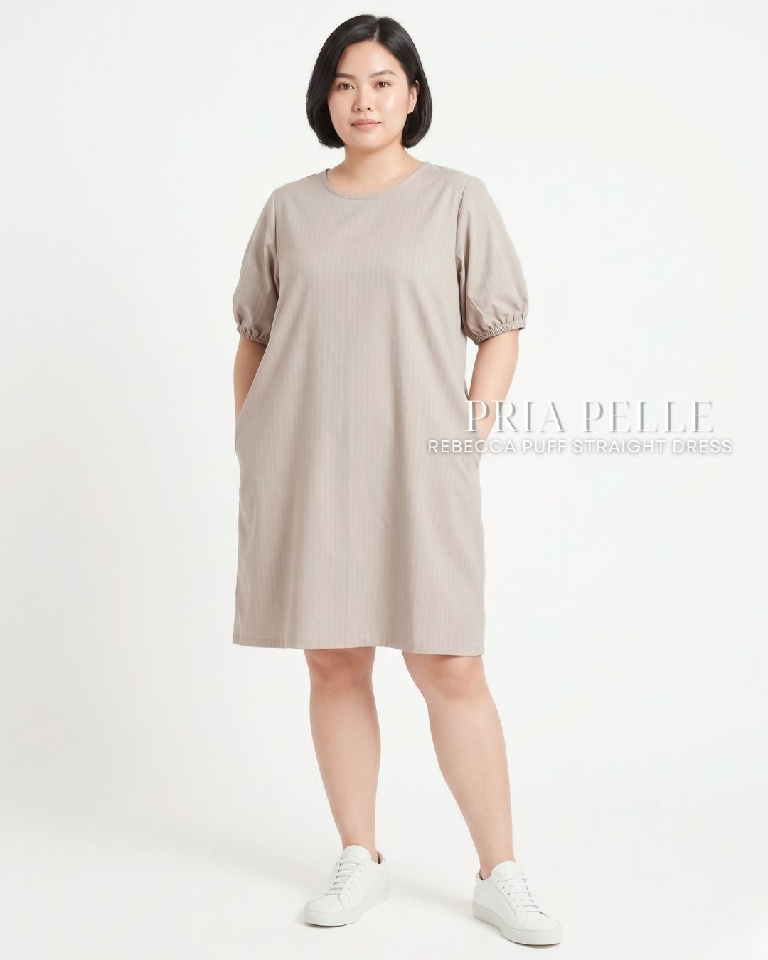 Pria Pelle Rebecca Puff Straight Dress | Cotton Blend Light Beige (Pin Stripes) with Stretch