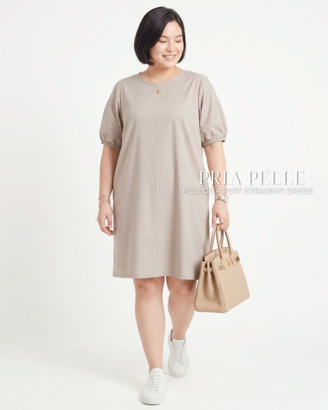 Pria Pelle Rebecca Puff Straight Dress | Cotton Blend Light Beige (Pin Stripes) with Stretch