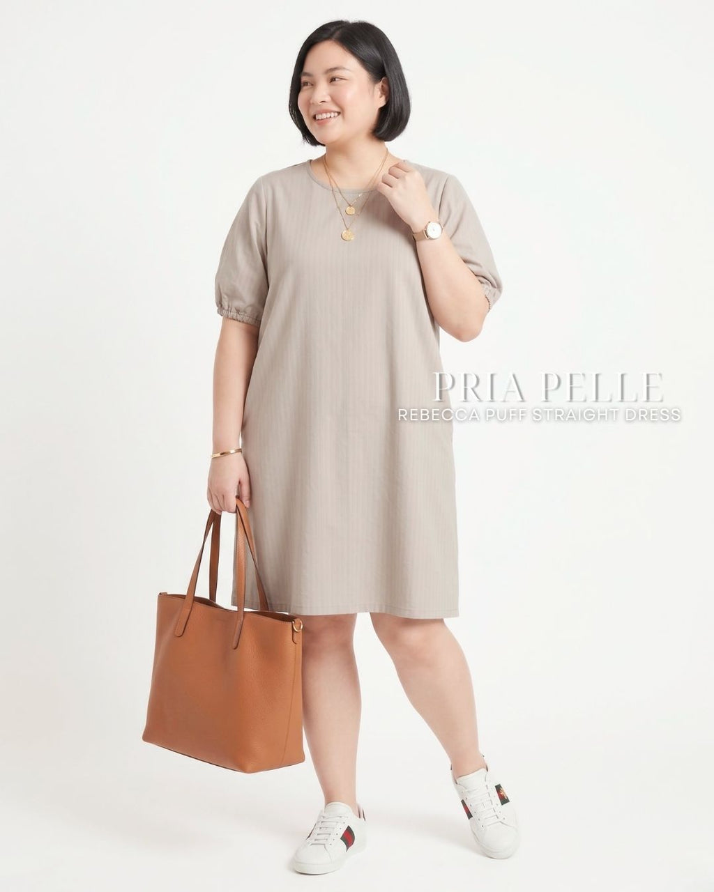 Pria Pelle Rebecca Puff Straight Dress | Cotton Blend Light Beige (Pin Stripes) with Stretch