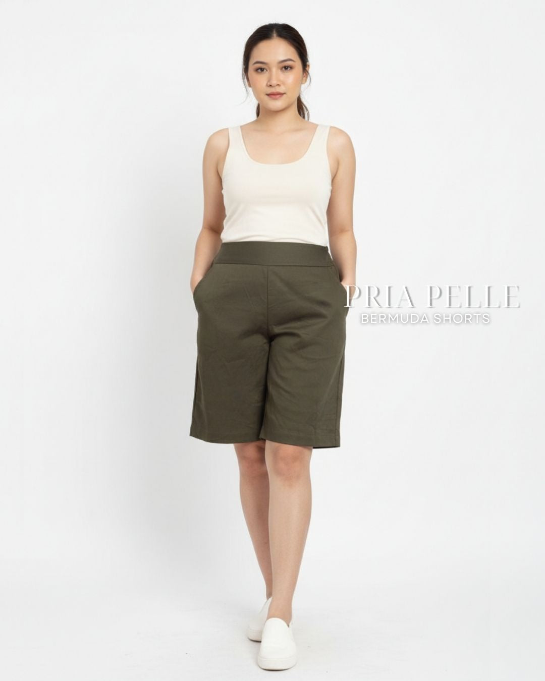 Pria Pelle Bermuda Shorts | Back garter - Cotton Blend Light Moss Green | Non Stretch