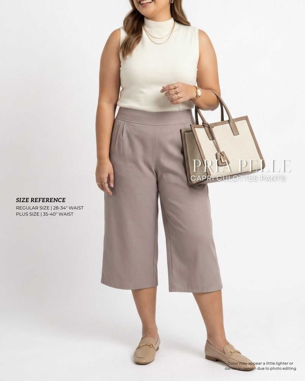 Pria Pelle Capri Culottes Pants | Back garter - Cotton Twill Light Gray | Non Stretch