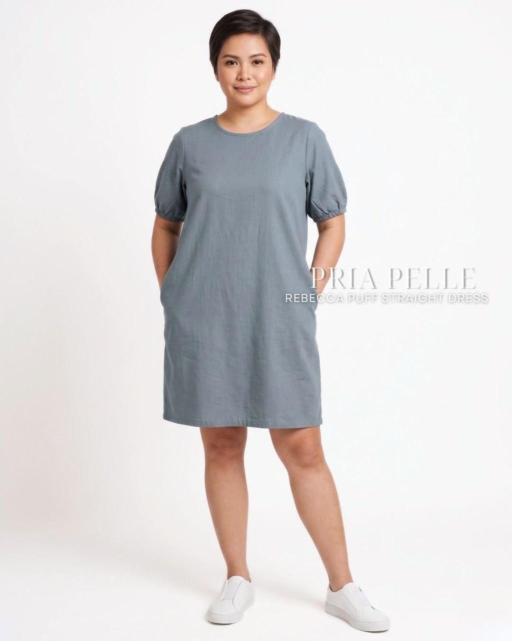 Pria Pelle Rebecca Puff Straight Dress | Textured Linen Pewter Blue - Non Stretch