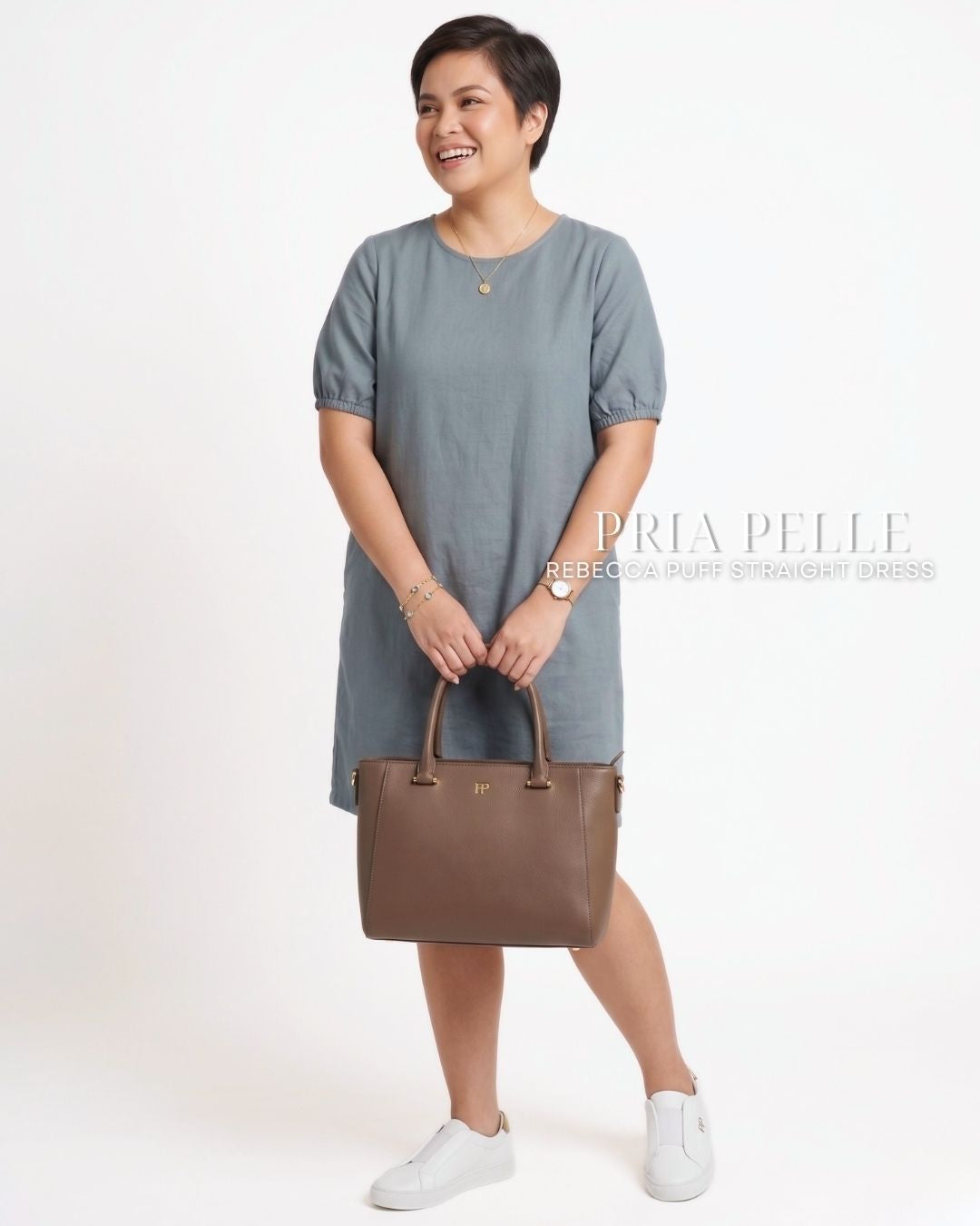 Pria Pelle Rebecca Puff Straight Dress | Textured Linen Pewter Blue - Non Stretch