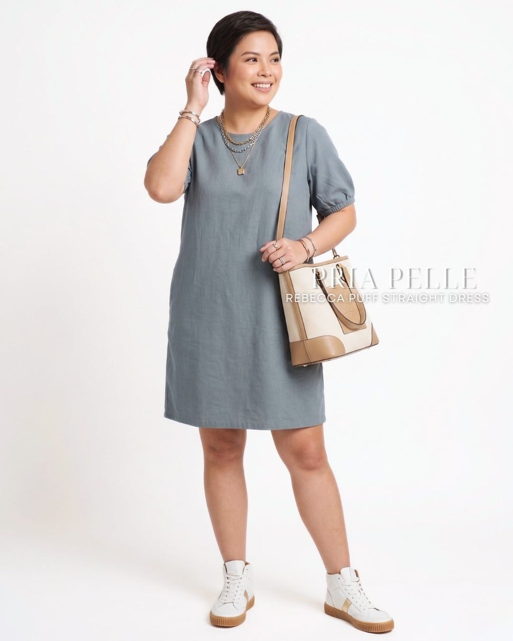 Pria Pelle Rebecca Puff Straight Dress | Textured Linen Pewter Blue - Non Stretch