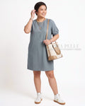 Pria Pelle Rebecca Puff Straight Dress | Textured Linen Pewter Blue - Non Stretch
