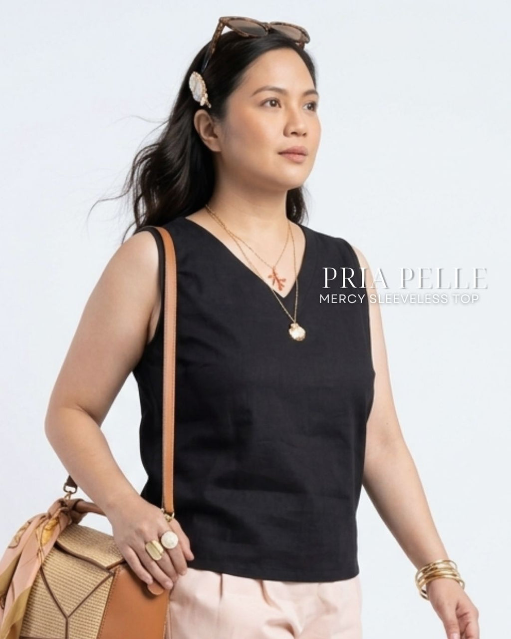 Pria Pelle Mercy Sleeveless Top in Cotton Blend Black | Non Stretch
