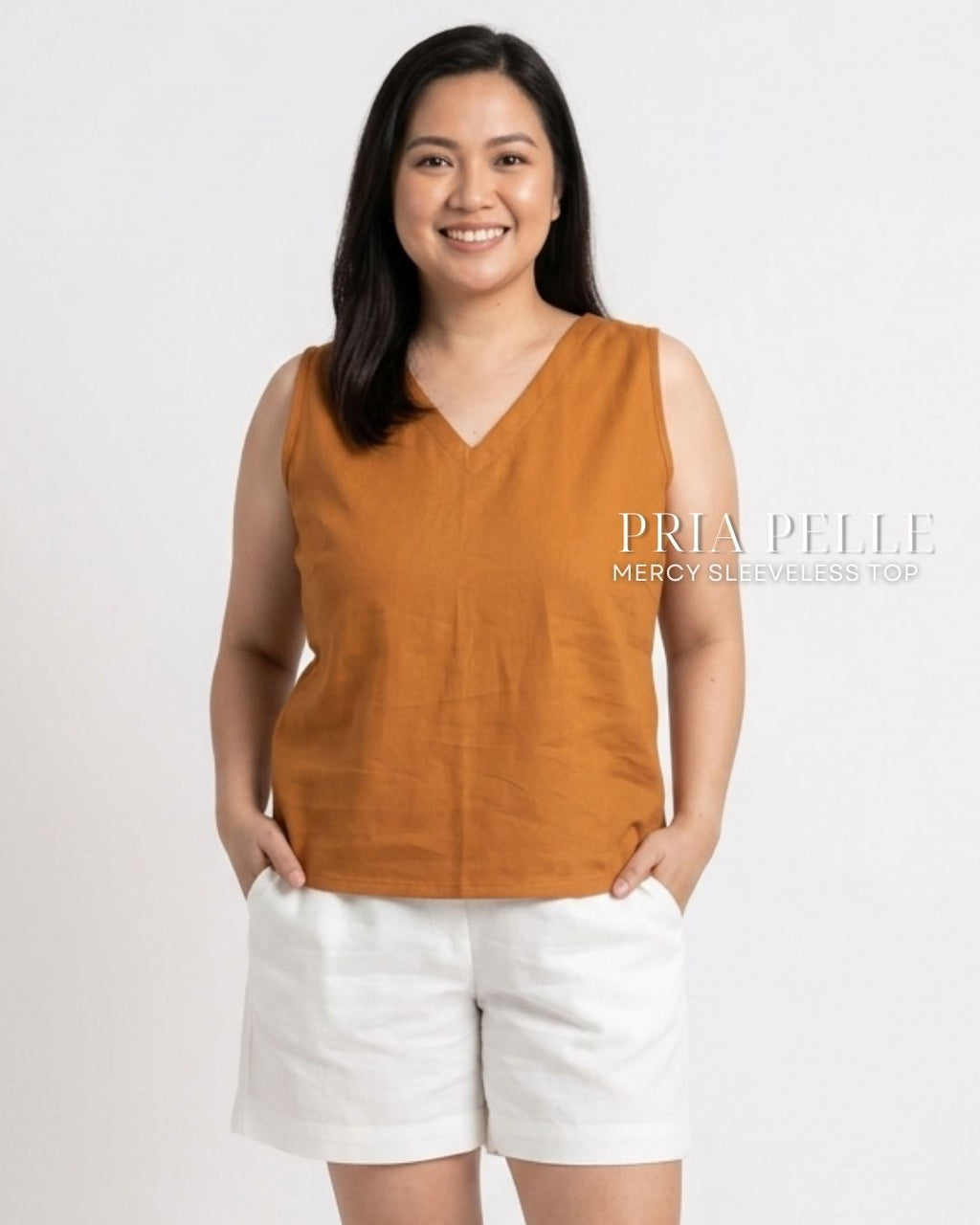 Pria Pelle Mercy Sleeveless Top in Cotton Blend Caramel Rust | Non Stretch