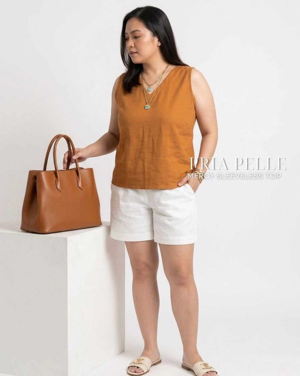 Pria Pelle Mercy Sleeveless Top in Cotton Blend Caramel Rust | Non Stretch